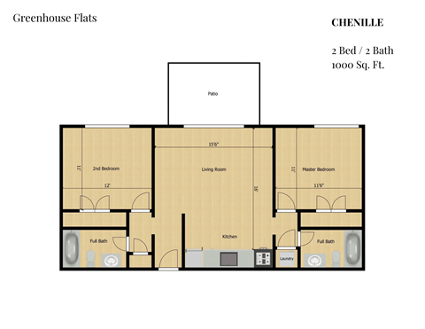 Floor plan for 2 beds, 2 baths, 1000 sqft
